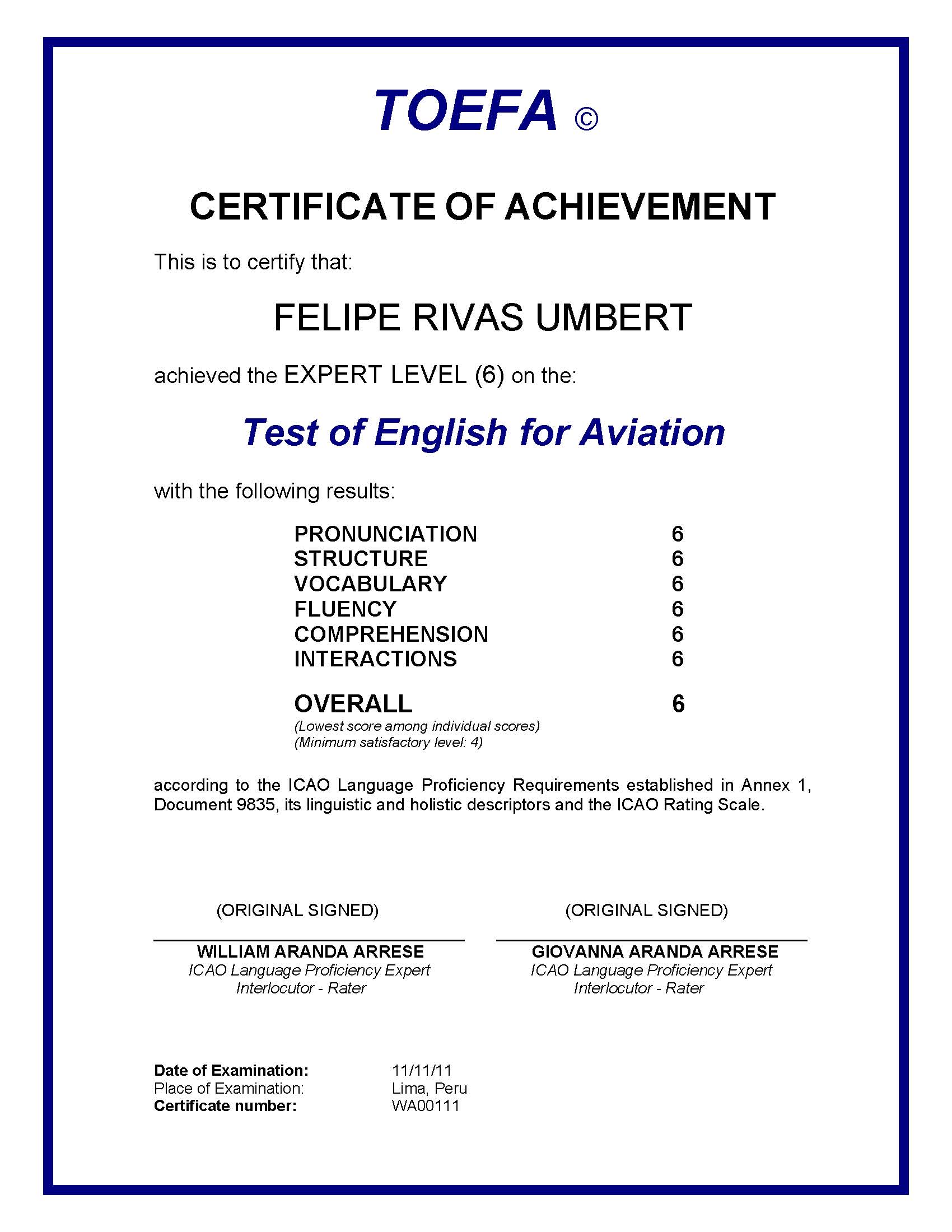 TOEFA Certificate